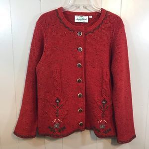 Sonnblick Wool Blend Red Multi Floral Embroidered Long Sleeve Cardigan Sweater M